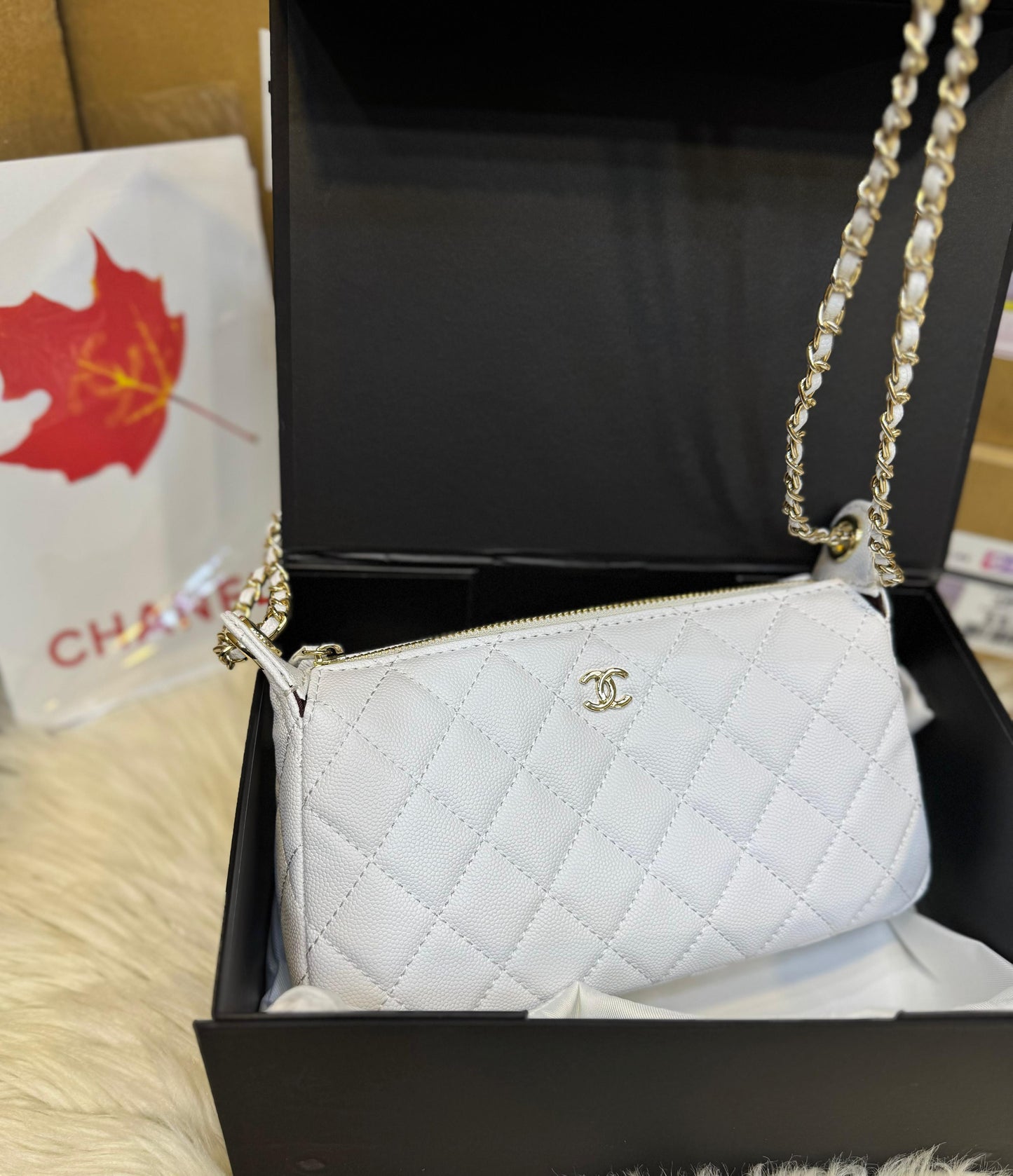 C-H-A-N-E-L 25A Double Chain Bag – Caviar Leather Women Shoulder Bag with GHW (White)