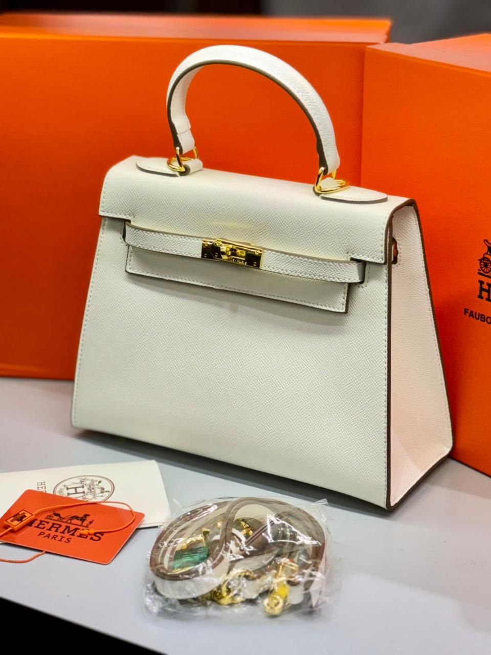 HERMÈS KELLY SELLIER 25CM – Women Bag | Luxury Leather Top Handle & Shoulder Bag (White)