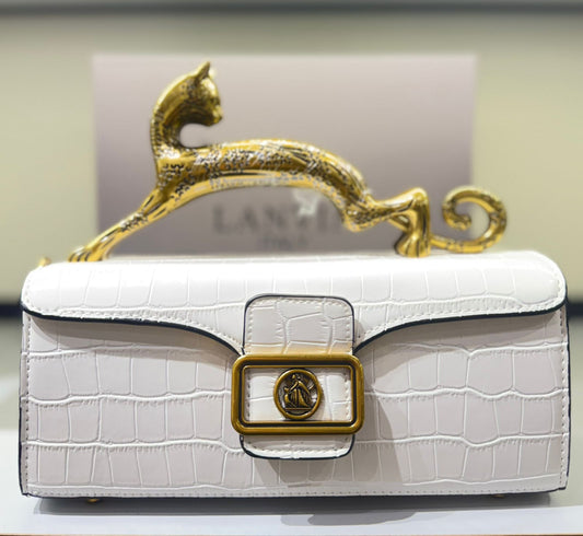 L-A-N-V-I-N Women’s Rateau Pencil Cat Leather Shoulder Bag – Luxury Mini Handbag (White)