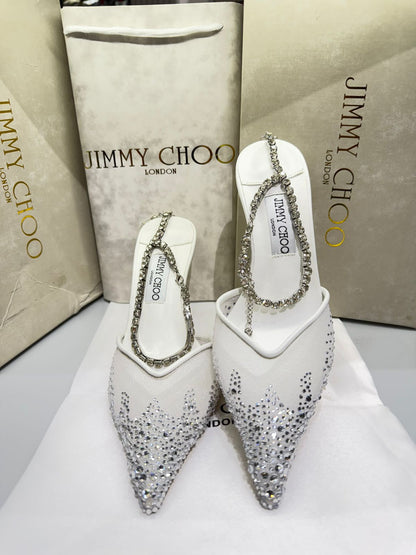 JIMMY CHOO SAEDA 100 CRYSTAL MESH PUMPS – Women Heels (White Silver)