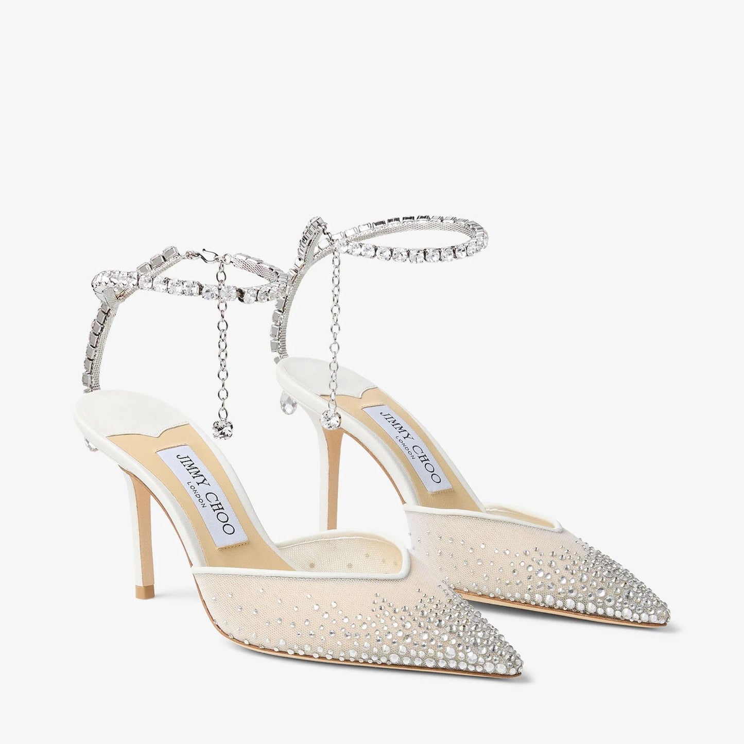 JIMMY CHOO SAEDA 100 CRYSTAL MESH PUMPS – Women Heels (White Silver)