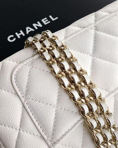 C-H-A-N-E-L 25A Double Chain Bag – Caviar Leather Women Shoulder Bag with GHW (White)