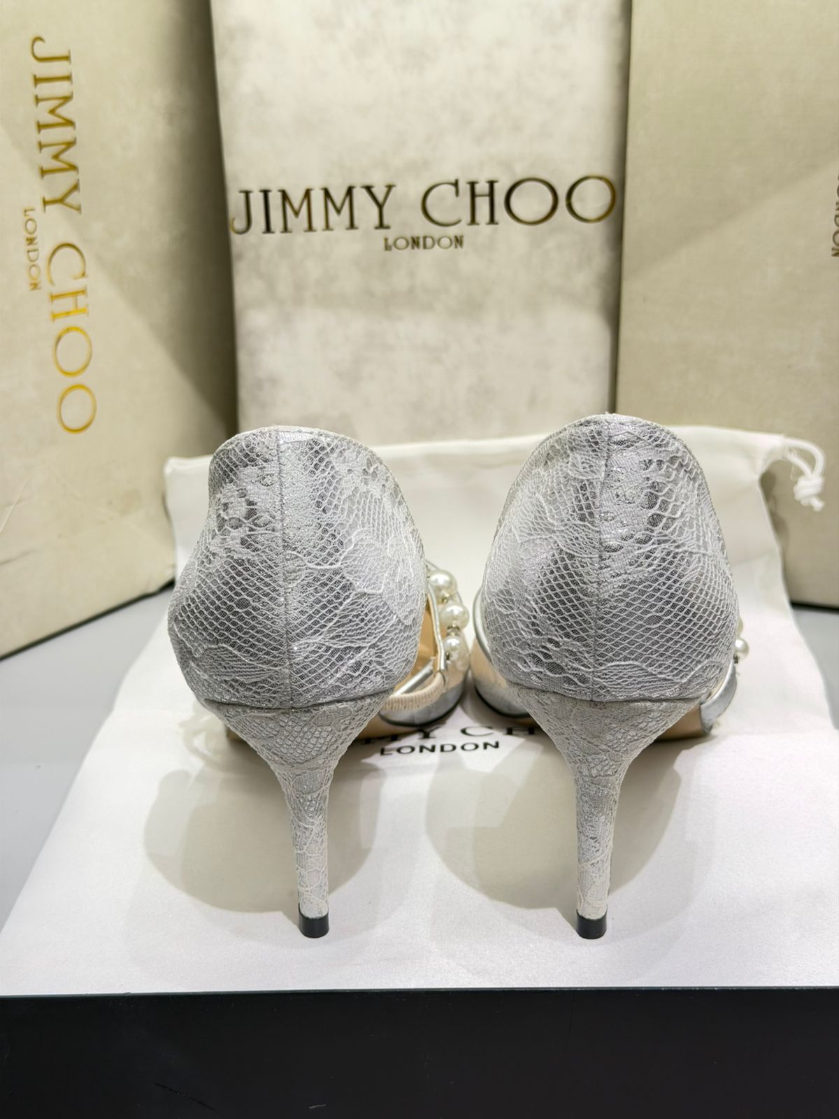 J-I-M-M-Y C-H-O-O AURELIE 85 PEARL-EMBELLISHED HEEL PUMPS – WOMEN SHOES (Silver White)