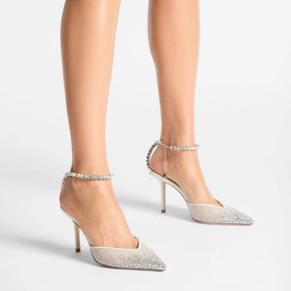 JIMMY CHOO SAEDA 100 CRYSTAL MESH PUMPS – Women Heels (White Silver)