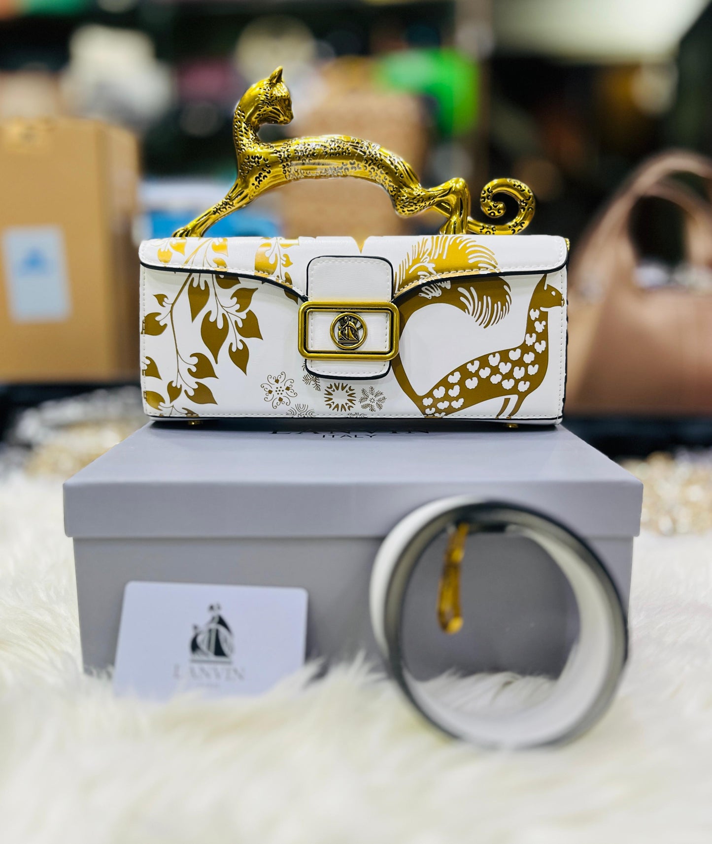 L-A-N-V-I-N Women’s Rateau Pencil Cat Leather Shoulder Bag – Luxury Mini Handbag (White Gold)