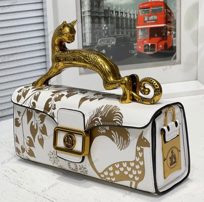 L-A-N-V-I-N Women’s Rateau Pencil Cat Leather Shoulder Bag – Luxury Mini Handbag (White Gold)
