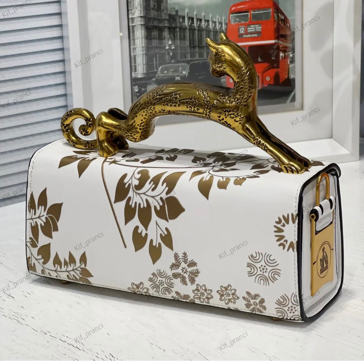 L-A-N-V-I-N Women’s Rateau Pencil Cat Leather Shoulder Bag – Luxury Mini Handbag (White Gold)