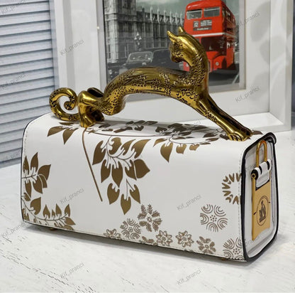 L-A-N-V-I-N Women’s Rateau Pencil Cat Leather Shoulder Bag – Luxury Mini Handbag (White Gold)